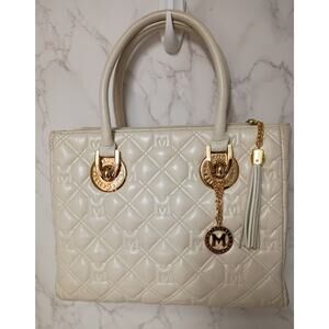 METROCITY Ivory Quilted Leather Tote Bag with Tassel - EUC